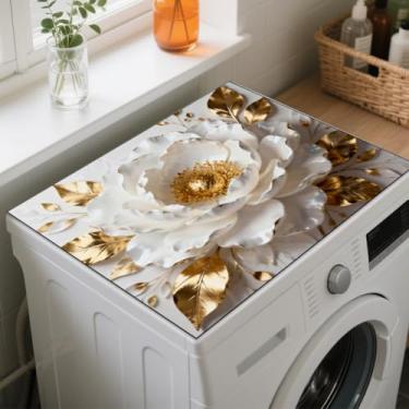 Imagem de GLOBLELAND Tapete de cobertura contra poeira para máquina de lavar e secar flores em ouro branco 59,9 x 49,8 cm, protetor de topo para máquina de lavar e secar roupa antiderrapante para lavanderias