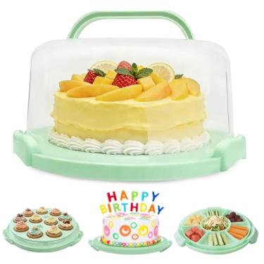Imagem de Slomg Recipientes de bolo de plástico verde com tampa e 2 alças, suporte multiuso 4 em 1 para bolo de 28 cm, caixa de armazenamento redonda com capa para torta, pizza, ovos, lanche