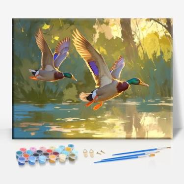 Imagem de HUINORYA Pato voando sobre o rio ao pôr do sol Arkansas tela emoldurada kit de pintura por números bar café caverna sala de casa parede banheiro varanda pátio decoração presente, 40,6 x 30,5 cm