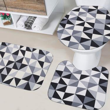 Imagem de Jogo De Banheiro Creative 03 Peças Com Base Antiderrapante 100% Poliéster - Geométrico Cinza