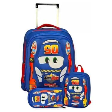 Imagem de Kit De Mochila Infantil Rodinha Maqueen reforçada 3D Alto Relevo, Azul