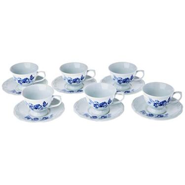 Imagem de Estojo com 6 Xícaras de de Café com Pires com Pé, serve até 6 pessoas. Modelo Redondo com Relevo Pomerode. Decoração Cora. Fabricado pela Porcelana Schmidt.