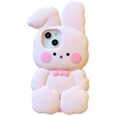 Imagem de Capa de coelho rosa super grossa para Apple iPhone 14 Pro Max 6.7 3D desenho de animal cor clara arco coelho protetor bonito adorável adorável meninas crianças mulheres