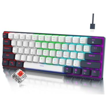 Imagem de RAZEAK Teclado portátil de 60%, mini teclado mecânico compacto de 61 teclas para PC/Mac Gamer alternável colorido retroiluminado - interruptor vermelho - preto + branco