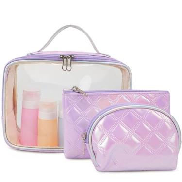 Imagem de Bluboon Conjunto de bolsa de maquiagem para meninas e mulheres, bolsa de higiene pessoal pequena bolsa de cosméticos bolsa de maquiagem fofa bolsas de maquiagem, Roxa, Bolsa de maquiagem transparente