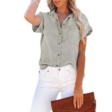 Imagem de Aoudery Camisa feminina de botão de cambraia com bolsos, túnica jeans de algodão, abotoada, manga curta, lisa, blusa alta e baixa, A_cinza claro (mistura de algodão), P