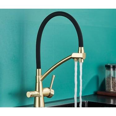 Imagem de Filtro de água torneira da cozinha 2 em 1 preto puxar para baixo torneiras pia água pura para cozinha deck giratória misturadora fria, ouro escovado a