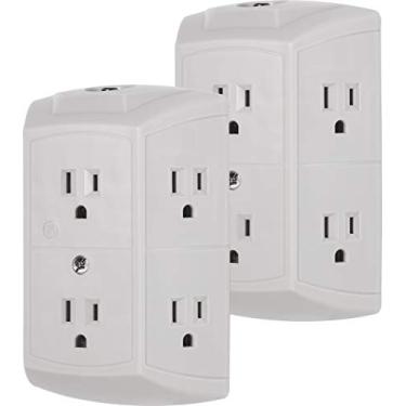 Imagem de GE Extensor de 6 tomadas, pacote com 2, torneira de parede aterrada, botão de reinicialização, disjuntor, tomadas espaçadas com adaptador, 3 pinos, plugue múltiplo, instalação rápida e fácil, Cruise