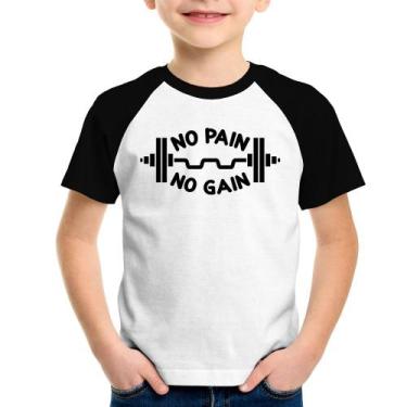Imagem de Camiseta Raglan Infantil No Pain No Gain - Foca na Moda, Branco, Preto
