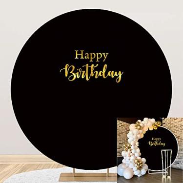 Imagem de DORCEV Capa de fundo redondo Happy Birthday 2,3 x 2,3 m poliéster preto aniversário fundo redondo para fotografia recém-nascido chá de bebê crianças 1º aniversário círculo pano de fundo adultos foto