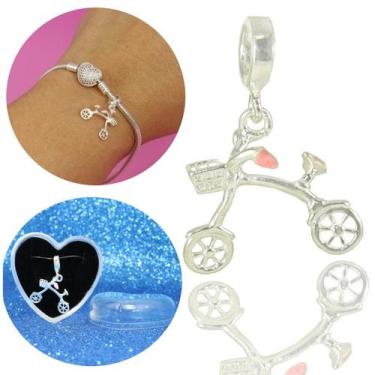 Imagem de Berloque Charms Bicicleta Cestinha Rosa Prata Legitima - Lojas La&Ny, 