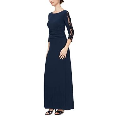 Imagem de S.L. Fashions Vestido feminino longo franzido com cintura bordada (Reg Plus Petite), Manga Illusion Navy, 52