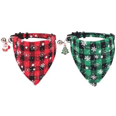Imagem de ADOGGYGO Coleiras de Natal para gatos Breakaway com sino, pacote com 2 coleiras de gato ajustáveis com bandana removível, gola de gato xadrez vermelho verde floco de neve para gatinhos gatos (xadrez e floco de neve)