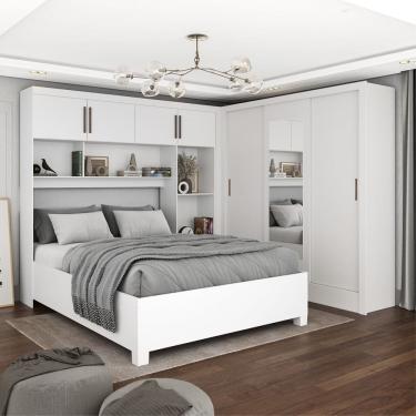 Imagem de Guarda-roupa Casal Modulado 4 Portas com Cama Santiago 3 Portas com Espelho 5 Gavetas Branco