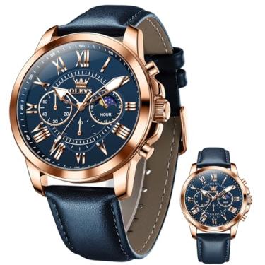 Imagem de OLEVS Relógios masculinos com pulseira de couro, relógio analógico de quartzo, moderno, mostrador grande, data, relógio à prova d'água, vestido luxuoso, luminoso, masculino, G3632-Azul, round, Relógio