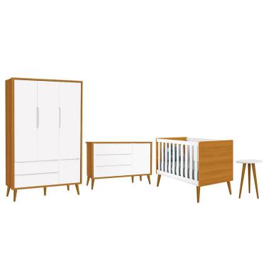 Imagem de Dormitório Infantil Theo Retrô 3 Portas, Cômoda 1 Porta, Berço e Mesa de Apoio com Pés Amadeirado - Reller Móveis Branco/Savana