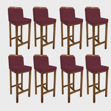 Imagem de Kit 08 Banqueta Alta Com Encosto Zion Cozinha Balcão Bistrô Base Madeira Castanho Suede Bordô - Ahz Móveis