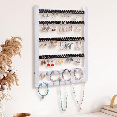 Imagem de humberboat Organizador de joias de madeira maciça para pendurar na parede, organizador de brincos e suporte de colar - exibição de brincos para pregos, pendurados, colar, pulseira e anéis - cor branca