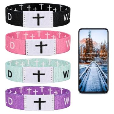 Imagem de Pmormyy Pulseira de 4 peças com versículo bíblico diário WWJD, pulseira vestível de Jesus Cristão para mulheres e homens - Pulseira What Would Jesus Do, Fibra de poliéster, Sem Pedra Preciosa