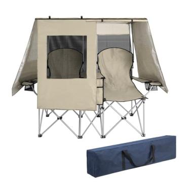 Imagem de BESTHLS Cadeira de acampamento dupla com sombra de dossel - Namoradeira resistente 600D ao ar livre para adultos, cadeira de praia para 2 pessoas com guarda-chuva, sofá dobrável para pesca, esportes