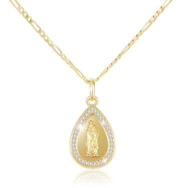 Imagem de Richapex Colar de Virgem Maria para homens e mulheres, pingente com pingente de Virgem de Guadalupe banhado a ouro 18 K, presente católico cristão abençoado para ela com corrente de caixa de joias