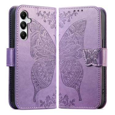 Imagem de DiGPlus Capa carteira para Samsung Galaxy A15, [borboleta e flor em relevo] Capa de couro premium com compartimentos para cartões capa flip com suporte para Samsung Galaxy A15 (lavanda)