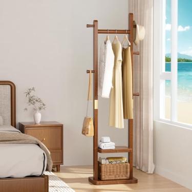 Imagem de Taitiy Cabideiro de madeira maciça, cabideiro independente com 2 prateleiras e 5 ganchos, árvore de casaco resistente para entrada, sala de estar, suporte de cabide para chapéus, bolsas de roupas