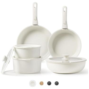 Imagem de Jogo de Panelas e Frigideiras em Granito com Alça Removível e Revestimento Antiaderente, 11 Peças, CAROTE, Creme Branco