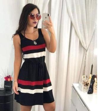 Imagem de Vestido Feminino Básico Listrado Casual Midi Adulto Manga Regata - NoB
