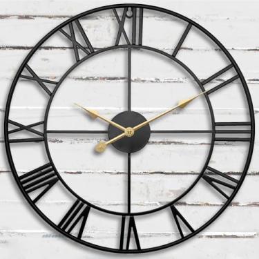 Imagem de AOJIATI Relógio externo grande de 76 cm, relógio de parede moderno operado por bateria, relógio decorativo de metal romano preto para fazenda, pátio, área de piscina, jardim, deck, sala de estar