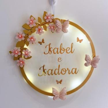 Imagem de Porta Maternidade Borboletas e flores Acrílico e Espelho Led