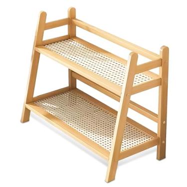 Imagem de Organizador de estação de café com aparência de vime, organizador de bancada de bambu de 2 camadas, prateleira de balcão de cozinha para casa para acessórios de chá e café, suporte para matcha