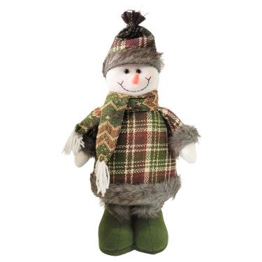 Imagem de Boneco de Neve Decorativo Natal em Pé Pelúcia Xadrez Verde Premium Cachecol e Gorro Crochê 40cm