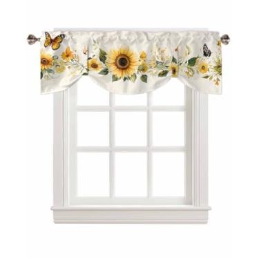Imagem de Cortinas de amarrar de girassol para janelas, cortinas de amarrar com borboleta floral rural rural retrô rural, ajustável, tratamento de janela curta para cozinha, sala de estar, banheiro, 107 x 30 cm