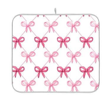 Imagem de Tapete de secagem de pratos com fita rosa xadrez Bows para balcão de cozinha, 45,7 x 61 cm, tapete de microfibra para pratos secos, escorredor, almofada de secagem de pratos, tapete de bancada