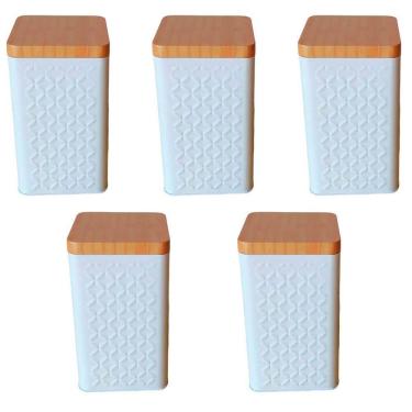 Imagem de Kit 5 Potes Latas Porta Mantimento Tampa Bambu Café E Açucar