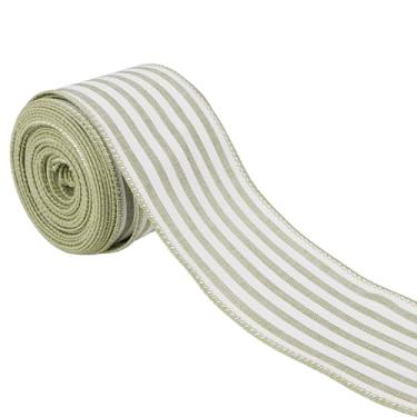 Imagem de Meseey Fita listrada com fio de 6 cm de cor natural branca fita de tecido de fazenda para projetos de bricolage, embrulho de presente, grinaldas, decoração de Natal (verde sálvia)