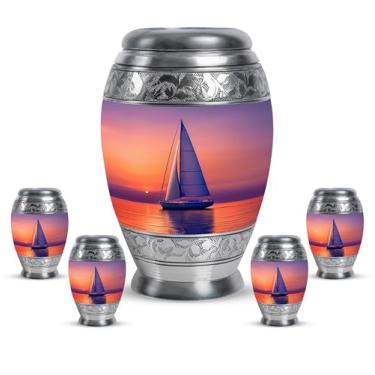 Imagem de KARYLIZ Barco à vela Pôr do sol Urna roxa e vermelha para cinzas para mulheres - Urnas de cremação para cinzas humanas - Urna decorativa de enterro para mulheres adultas - Urnas funerárias (Combo 25,4