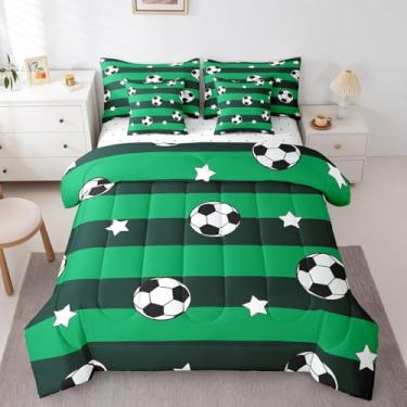 Imagem de Feelyou Conjunto de edredom de futebol com lençol king size, 7 peças, estampa de futebol americano, para meninos e meninas, tema esportivo, listras geométricas, verde, para decoração de quarto