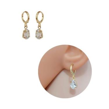Imagem de Brinco Argolinha Gota Cristal Transparente Folheado Ouro 18k - MIXFOLH