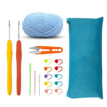 Imagem de Conjunto de tricô de 18 peças para iniciantes, presente de Natal para mulheres, gancho de crochê grande com novelo de fio, agulhas de tricô com alças ergonômicas para mãos artríticas, kit de agulhas