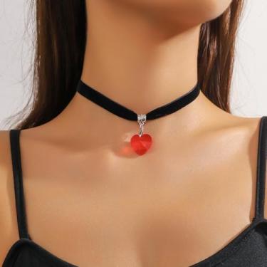 Imagem de Colares pretos para mulheres, corrente gótica ajustável em camadas para cosplay, colar gargantilha feminina de veludo com coração vermelho, ONE SIZE, Renda, Sem Pedra Preciosa