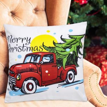 Imagem de Capa de almofada de Natal – Caminhão vermelho vintage com capa de almofada de árvore de Natal para decoração de casa festiva