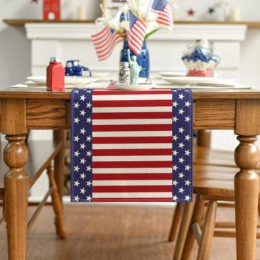 Imagem de Caminho de mesa com tiras e estrelas em aquarela, 4 de julho, Dia Memorial Patriótico, Dia da Independência, Feriado, Cozinha, Mesa de Jantar, Corredores para Decoração de Festa em Casa 33 x 91 cm