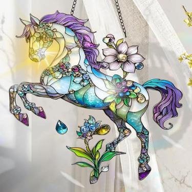 Imagem de Acrílico colorido Suncatcher, decoração de janela pendurada com cavalo com design de vitral impresso, apanhador de sol, arte de parede de arco-íris, ornamentos de Natal para uso interno e externo 19,8