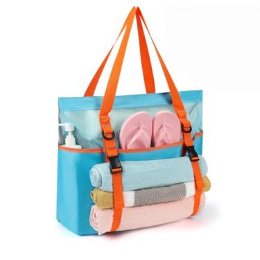 Imagem de KOKKOYA Bolsa de praia grande de malha preta 40L com zíper duplo e suporte de toalha com zíper inferior à prova de areia à prova d'água, Azul festivo, preto, marrom seixo, Azul festivo