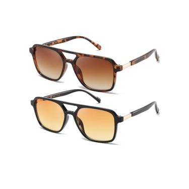 Imagem de (Pacote com 2) Óculos de sol aviador retrô para mulheres e homens, armação quadrada, retangular, moderno, óculos de sol, marrom/marrom+preto/amarelo