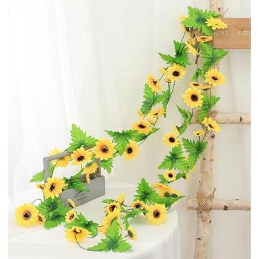 Imagem de 2 peças de guirlanda de girassol de seda artificial de 250 cm com 12 cabeças de girassol, girassóis, videira, ratã, margarida, cana, pendurar na parede, planta, festa de casamento, casa, jardim