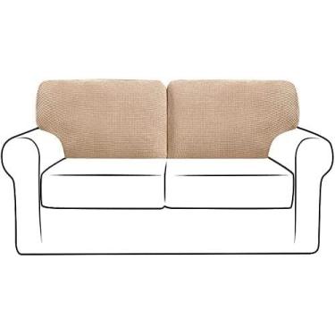 Imagem de SPOUR Capas de encosto de sofá elásticas, capas de almofada para as costas de sofá, capa de almofada em T de lã polar jacquard de substituição com cordão (cor: cáqui, tamanho: esquerda + direita)