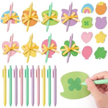 Imagem de BkeeCten Conjunto de notas adesivas de São Patrício - Amuleto da sorte com fitas de poliéster e canetas esferográficas, blocos de notas trevo para presentes de sala de aula, lembrancinhas de festa de